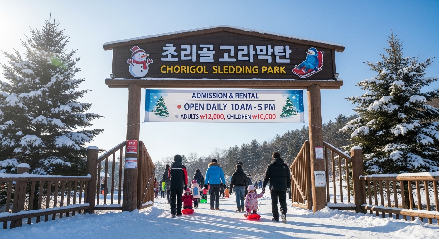 파주에 위치한 초리골 눈썰매장 입구와 가족들의 입장 모습