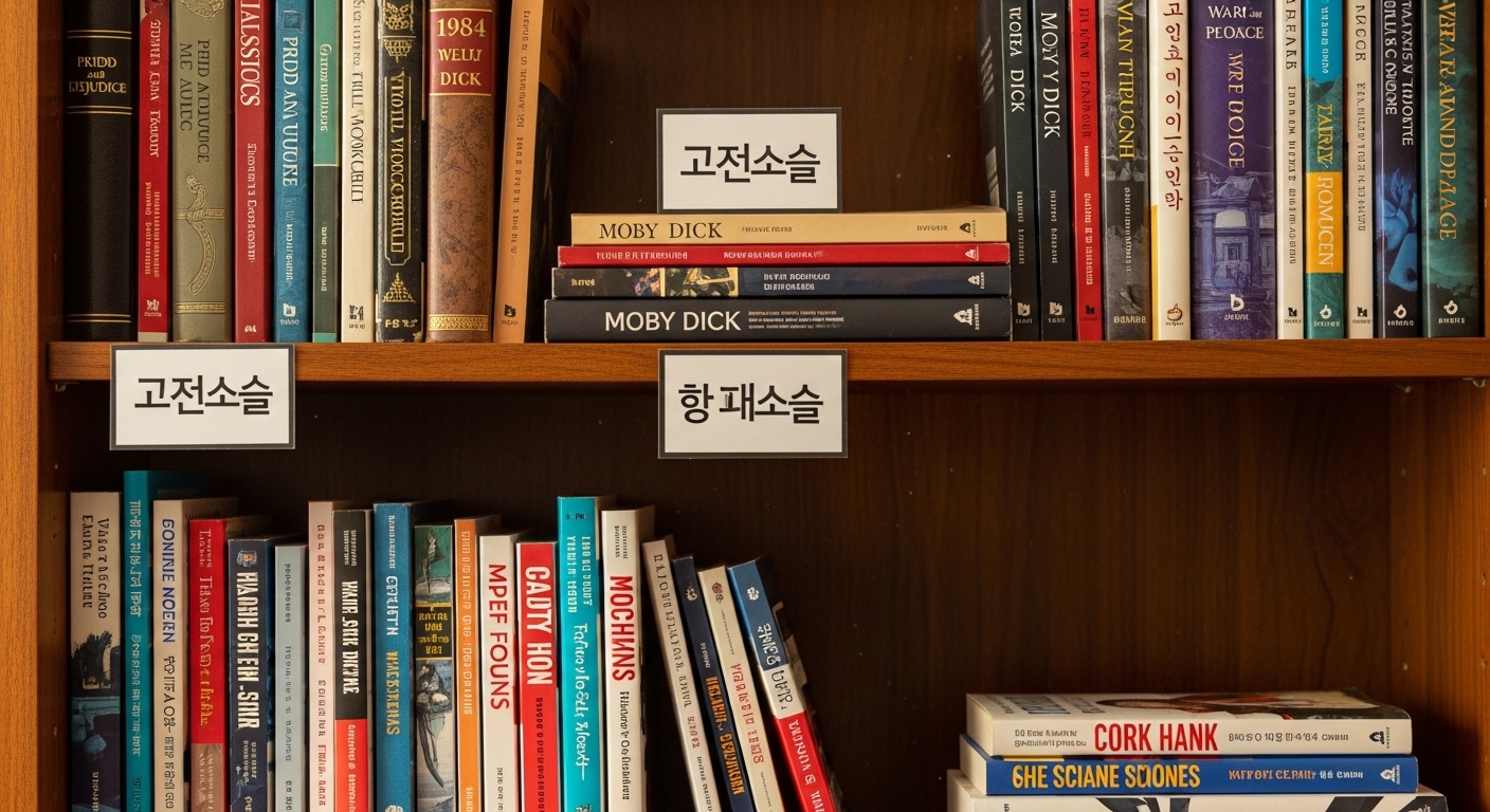다양한 장르의 책들이 진열된 우아한 서재 모습