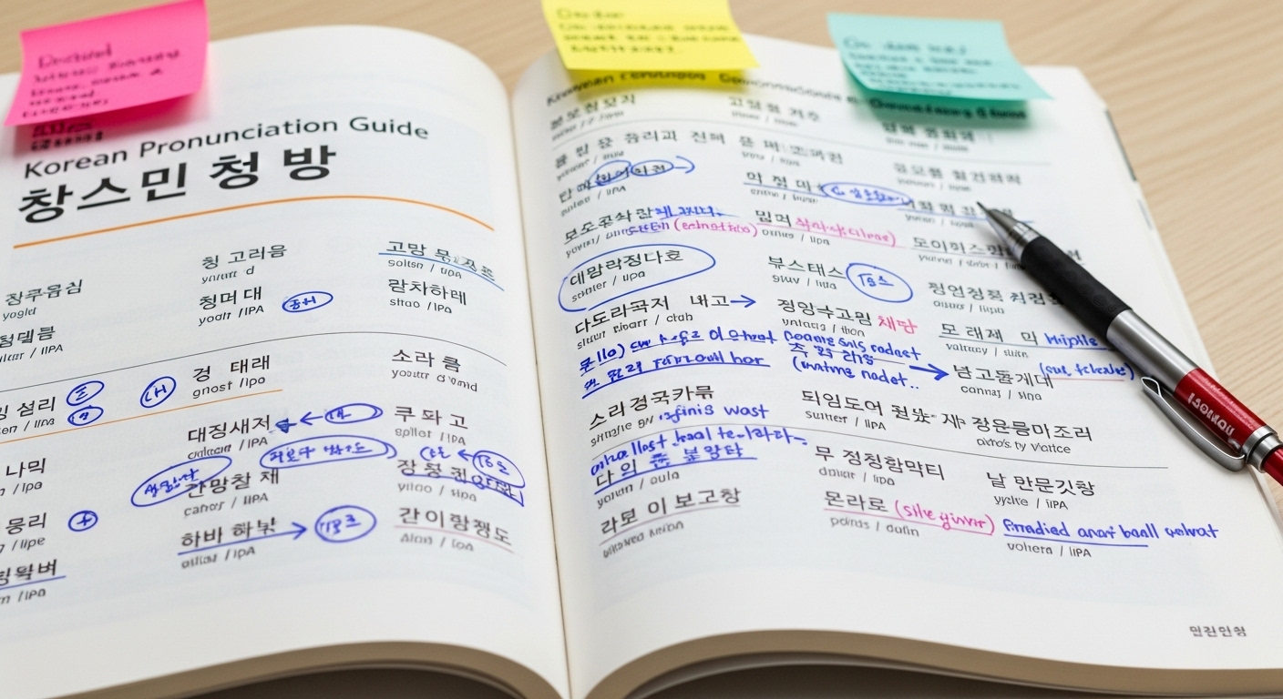 발음 기호와 손글씨 메모가 적힌 한국어 발음 안내서 클로즈업