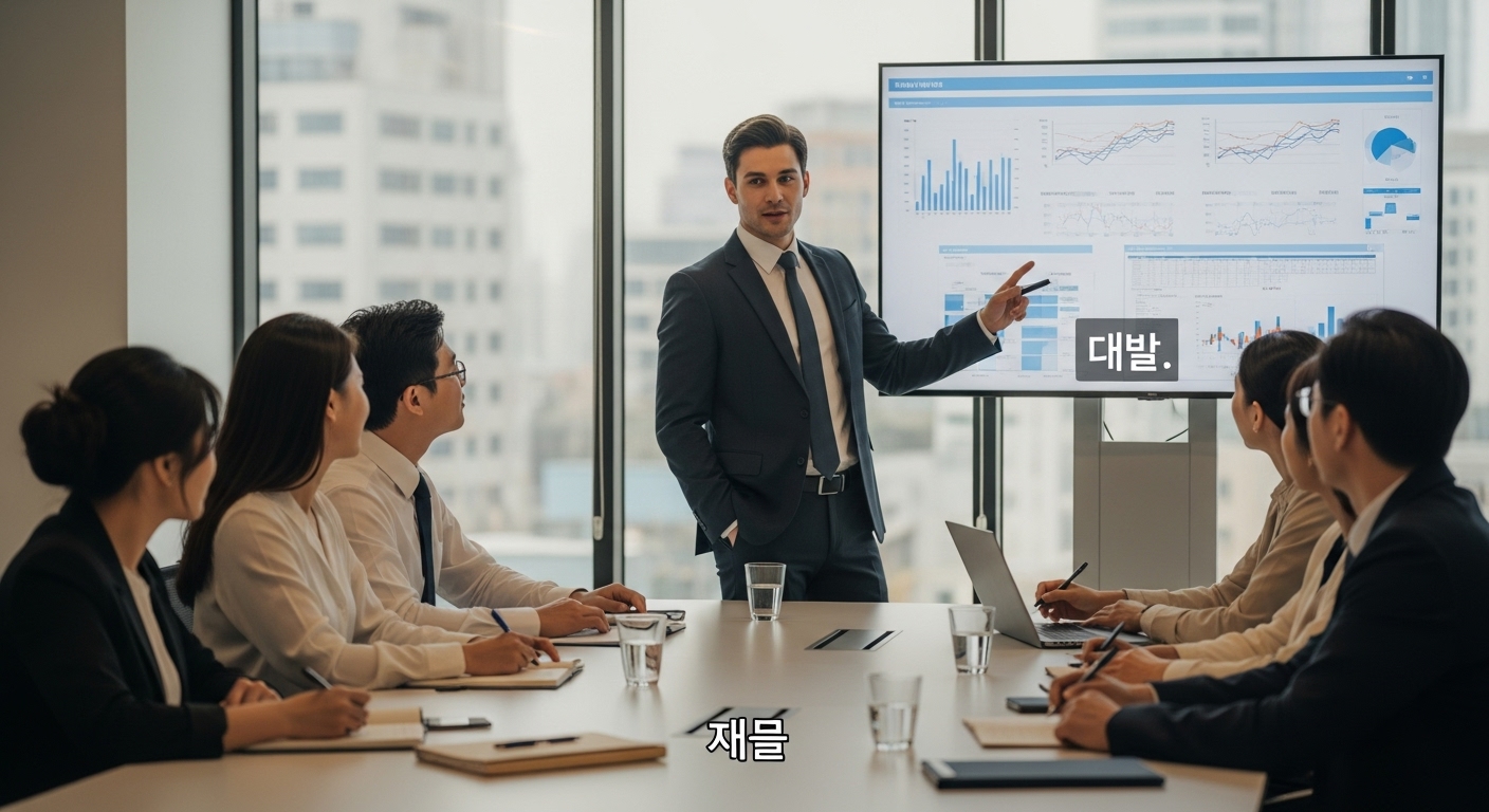 회의 중 자신감 있게 발표하며 '뵙겠습니다'라고 사용하는 사무 환경