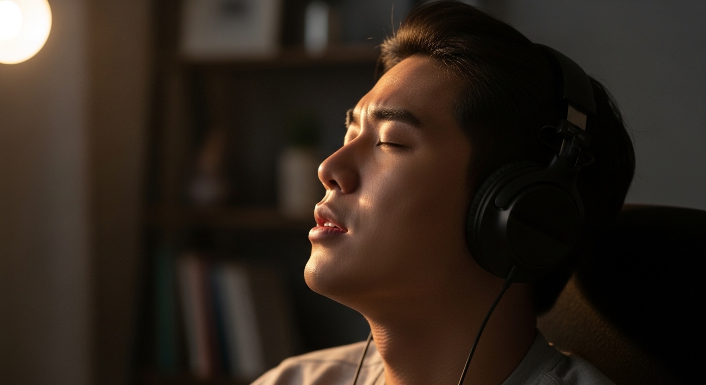 조용한 방에서 헤드폰을 쓰고 음악에 몰입한 젊은 남자의 모습
