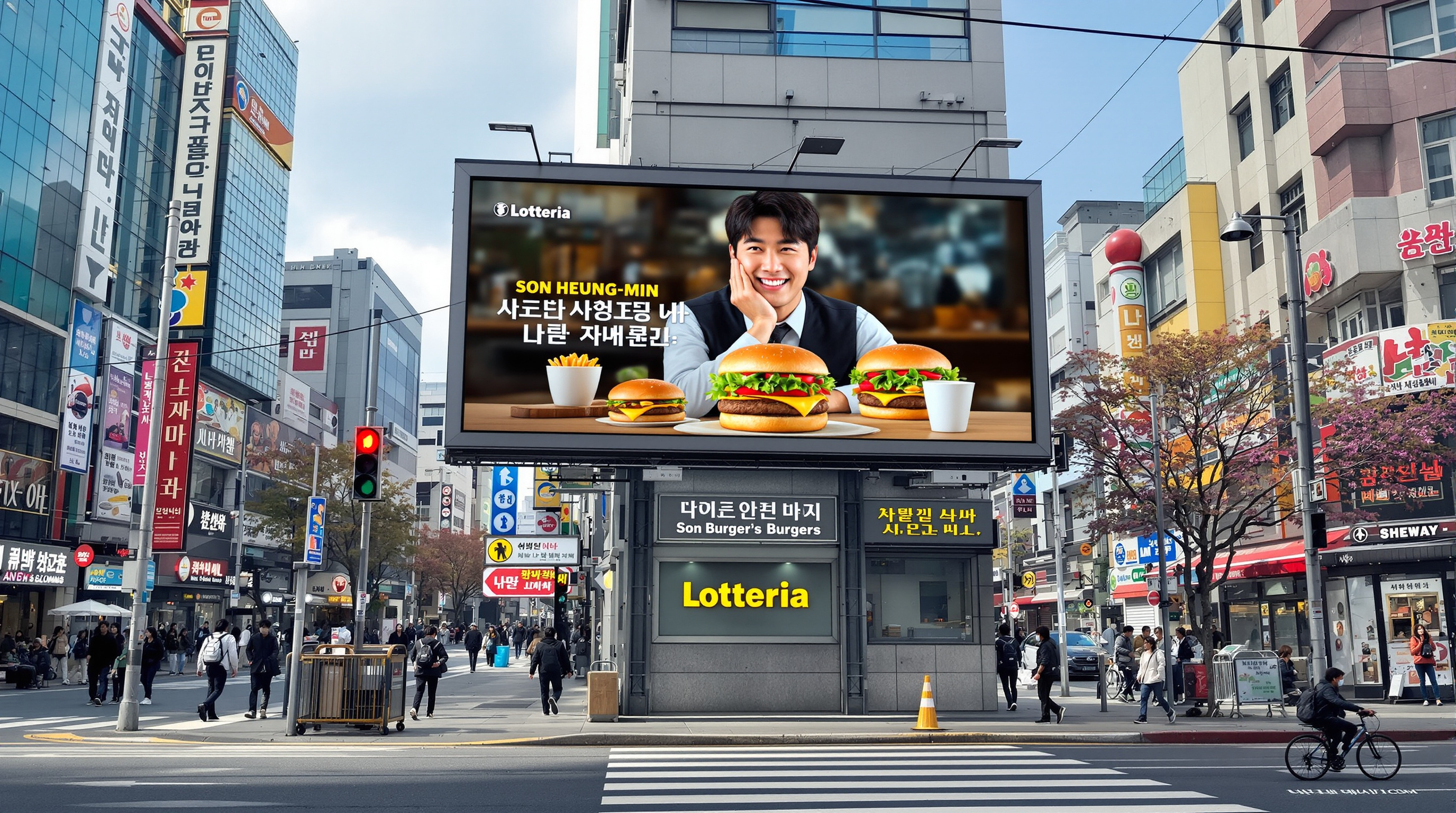 서울 거리에서 손흥민이 등장하는 롯데리아 광고판