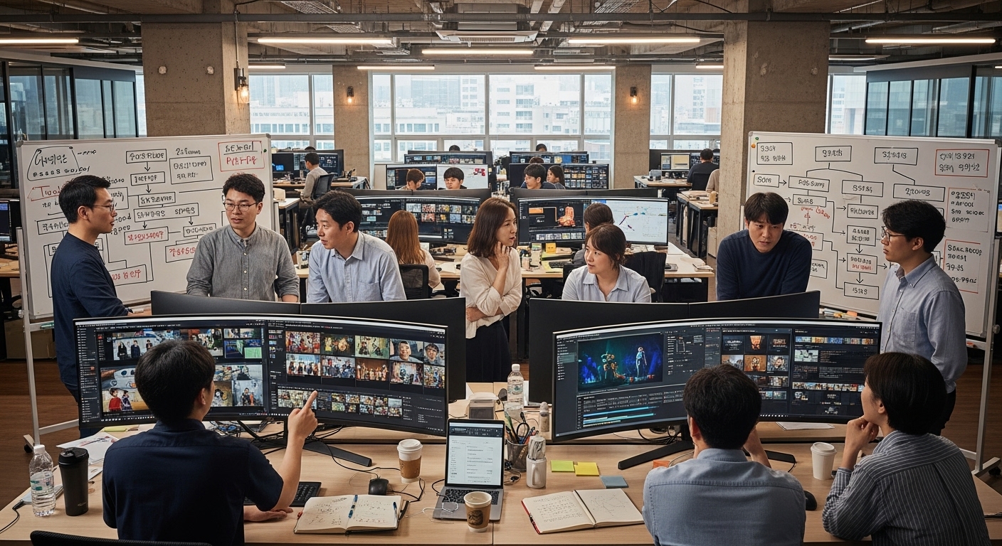 넷플릭스 코리아 사무실에서 애니메이션 콘텐츠 전략을 논의하는 전문가들