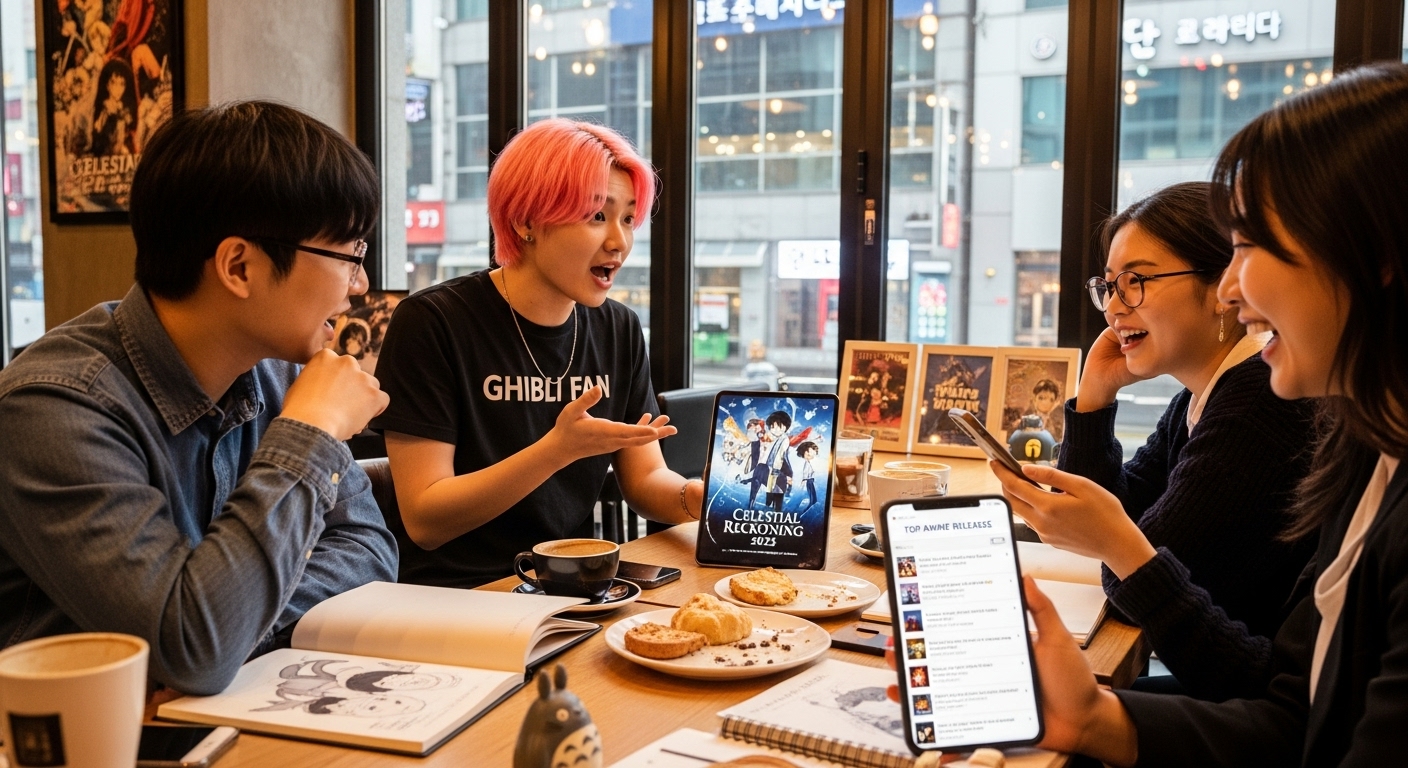 카페에서 모여 신작 애니에 대해 토론하는 한국 팬들