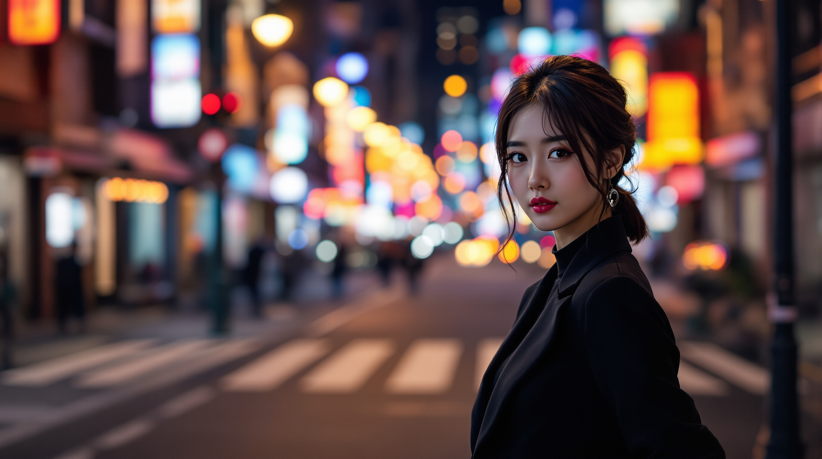 도심 거리에 서있는 강인한 여성 캐릭터로 분한 한국 여배우