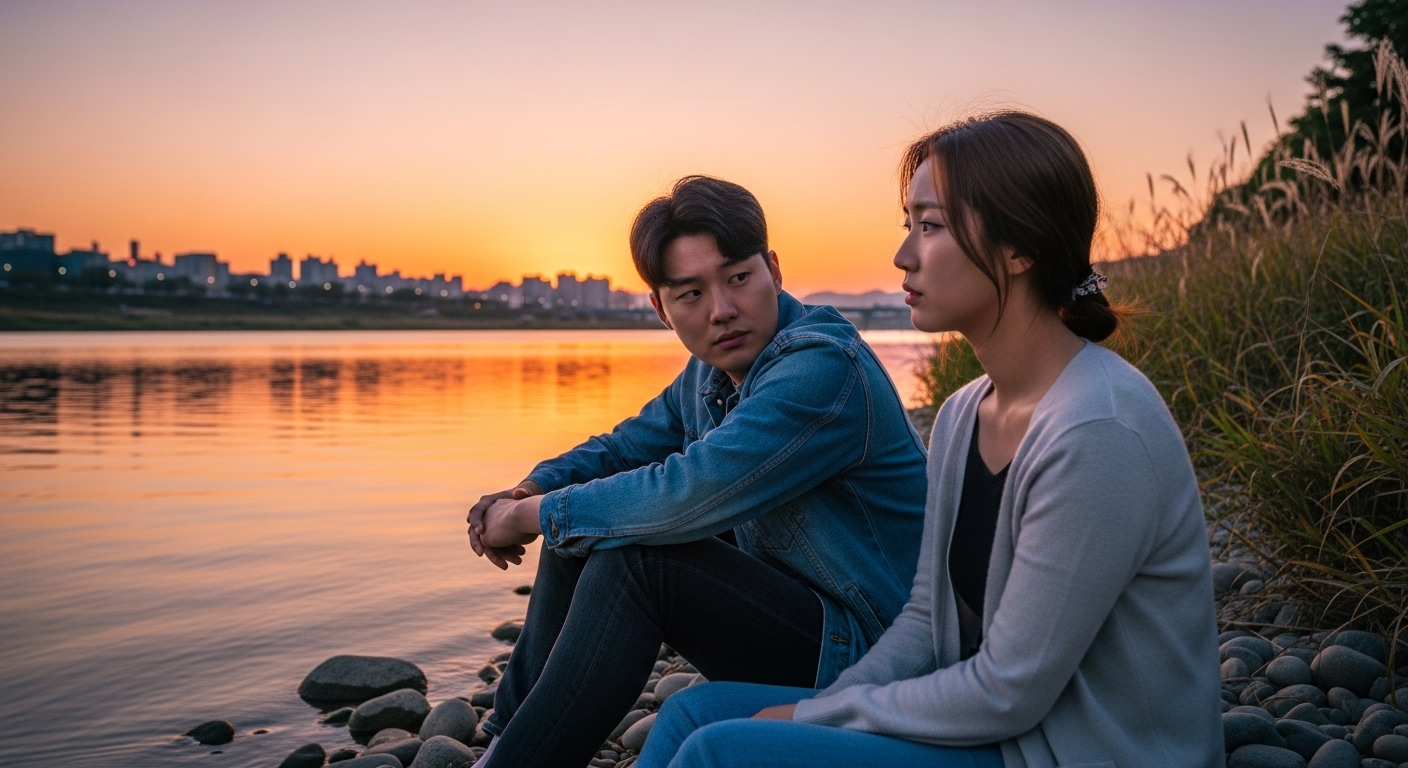 강변에 앉아 깊은 대화를 나누는 젊은 남녀의 모습