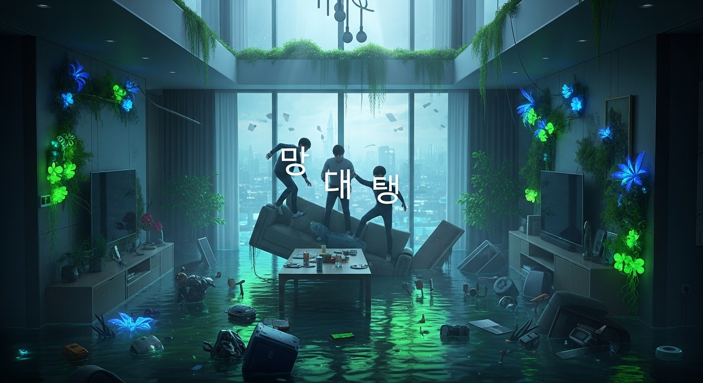물이 차오르는 고층 아파트 내부에서 갇힌 등장인물들이 SF 분위기로 전환되는 모습
