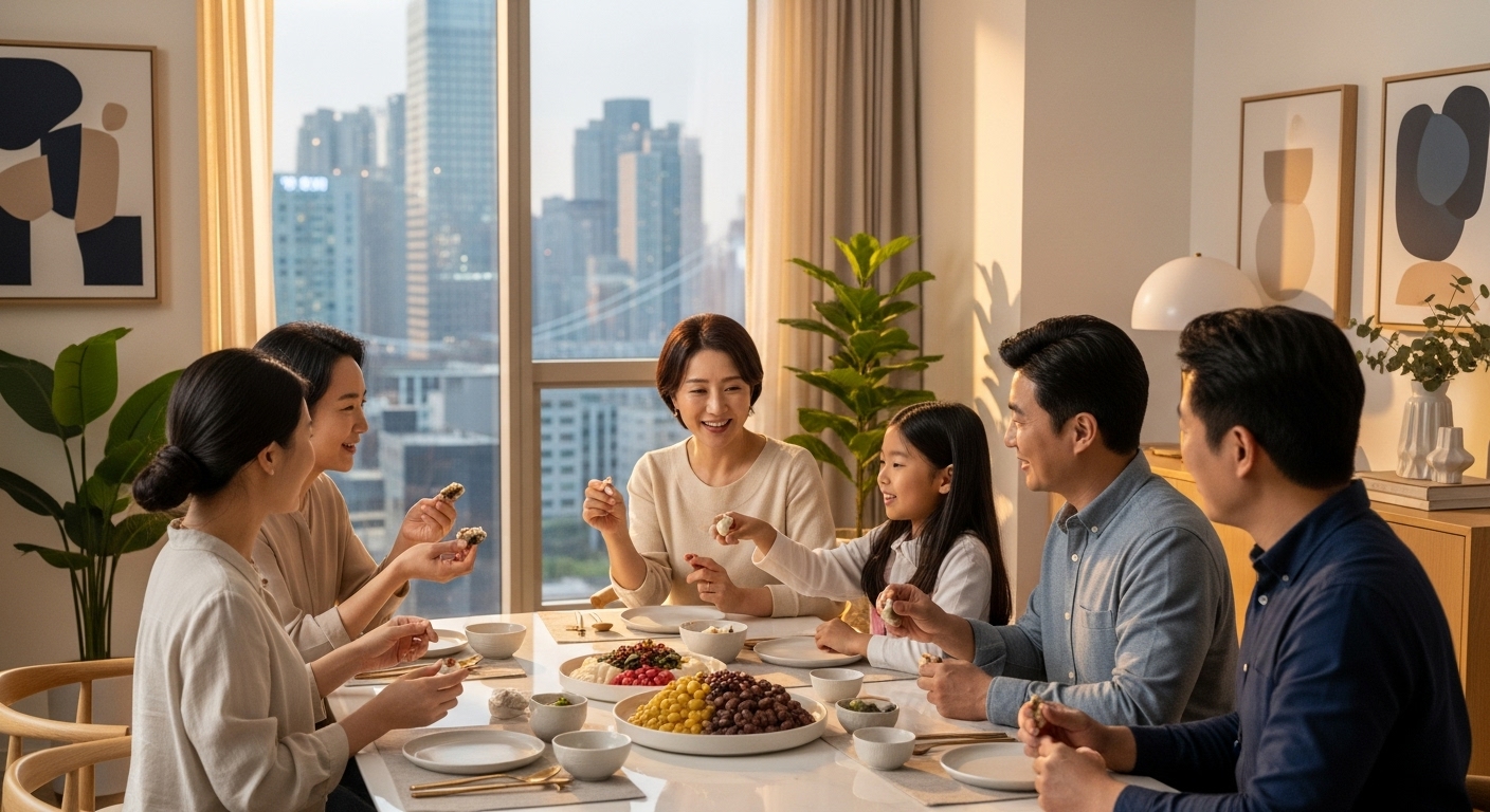 도심 아파트 식탁에서 친구 및 직장 동료들과 함께 팥시루떡을 나누며 전통문화를 이야기하는 현대 한국 가족 모습