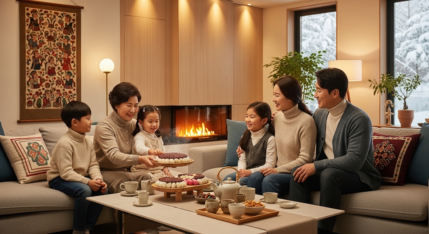 겨울철 가족들이 따뜻한 거실에서 팥시루떡을 나누며 대화를 나누는 장면
