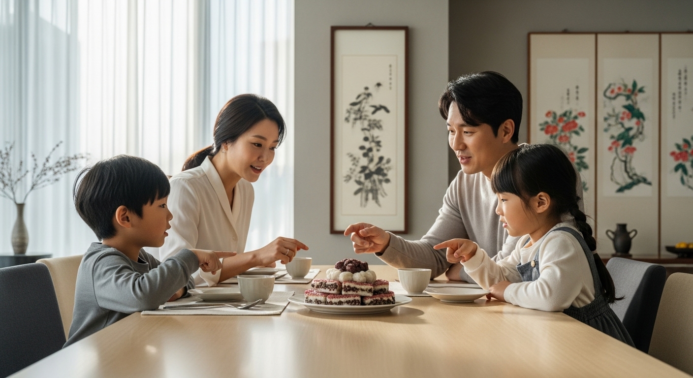 현대적인 가정에서 부모와 아이들이 팥시루떡을 두고 전통을 이야기하는 모습