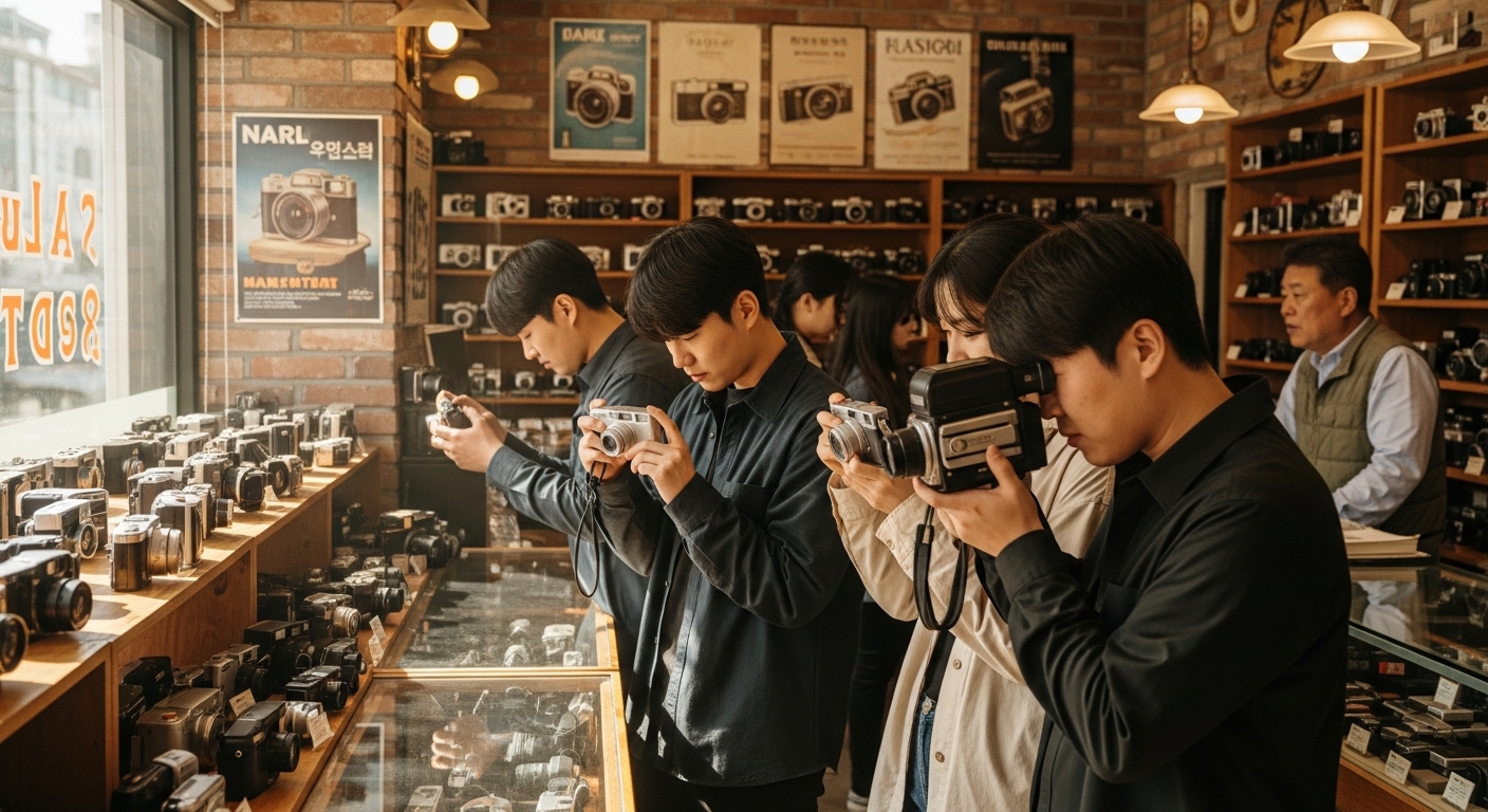 젊은 세대가 레트로 카메라 가게에서 다양한 빈티지 디지털카메라를 둘러보는 모습