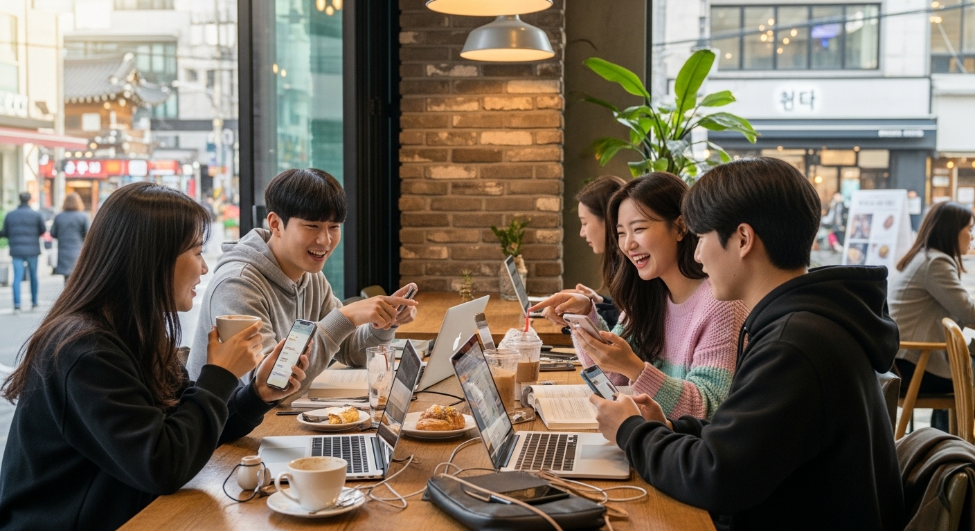 카페에서 노트북과 휴대폰으로 중고 거래 플랫폼을 탐색하는 학생들