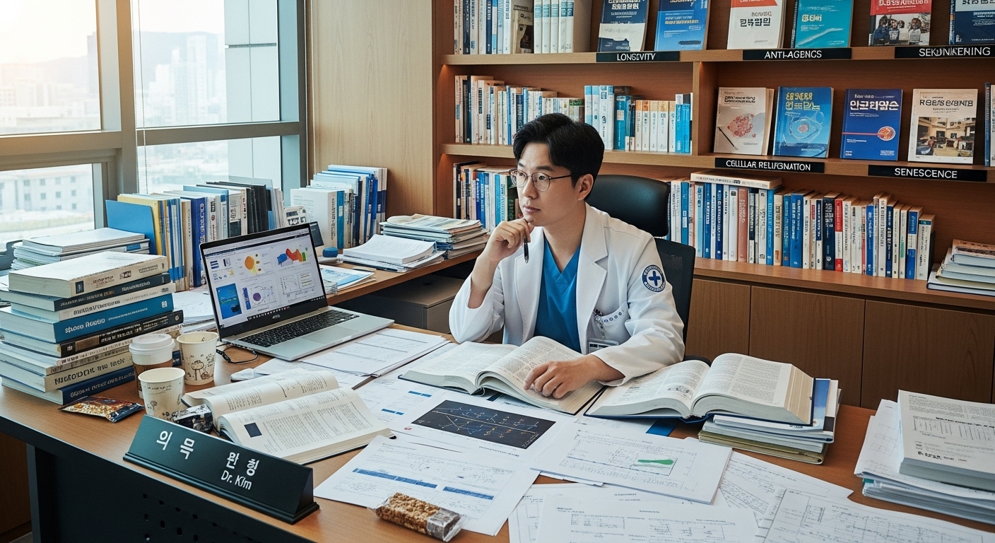 현대 병원에서 연구 서적을 보며 저속노화를 고민하는 의사의 모습