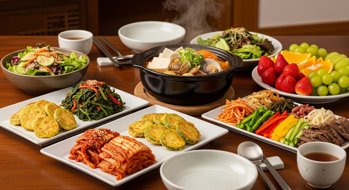 김치와 된장찌개를 포함한 전통 한식과 신선한 샐러드 및 과일이 있는 테이블 세팅