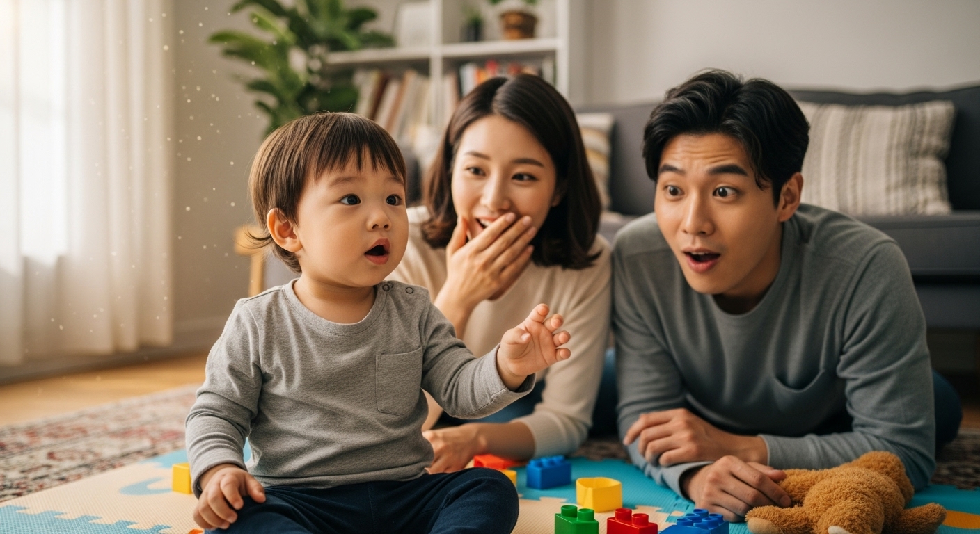 새로운 단어를 말하는 아이를 놀라움과 기쁨으로 바라보는 부모