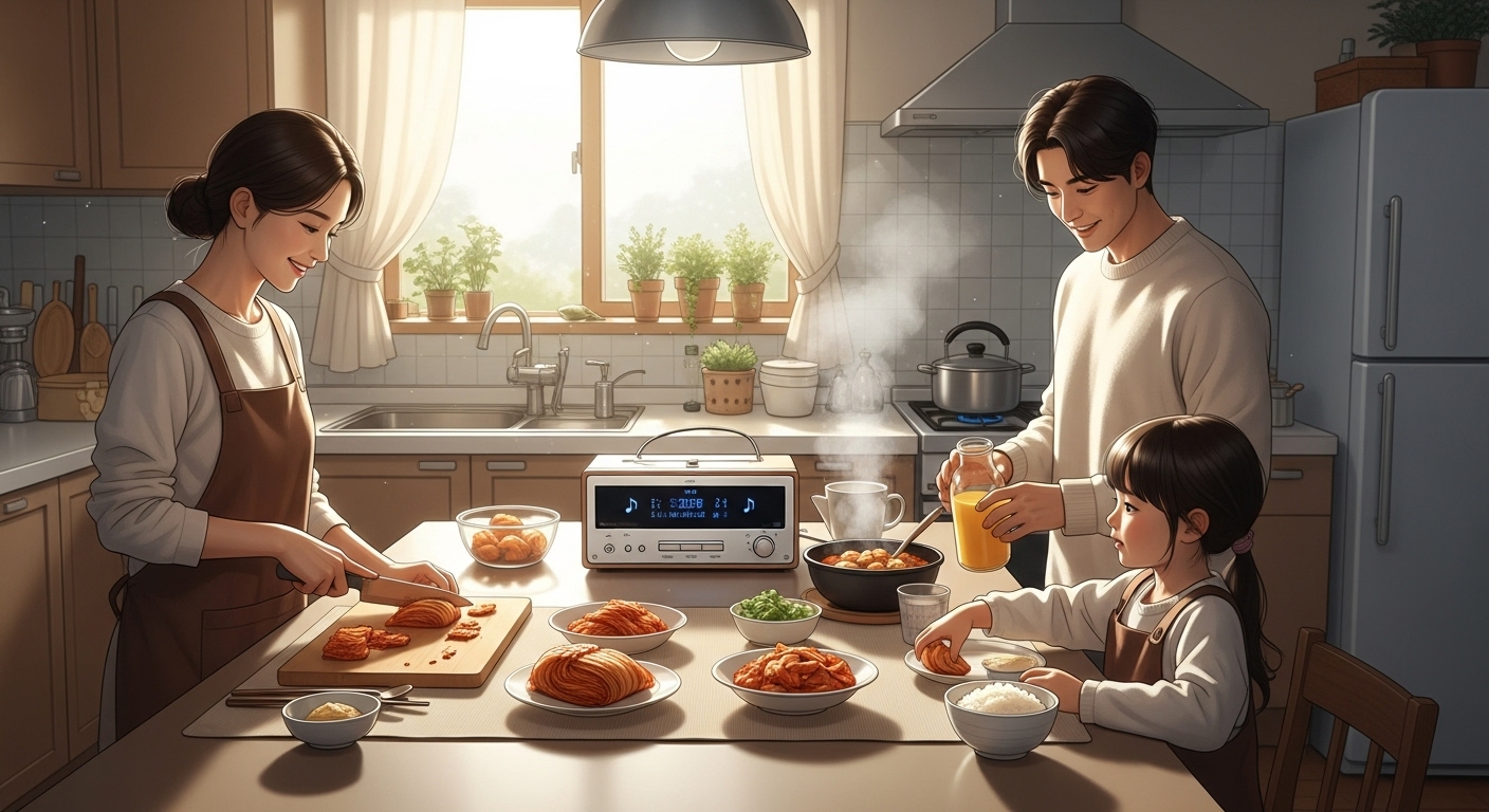 아침 식사 준비 중 주방 카운터에 놓인 오디오 플레이어와 가족의 아침 루틴