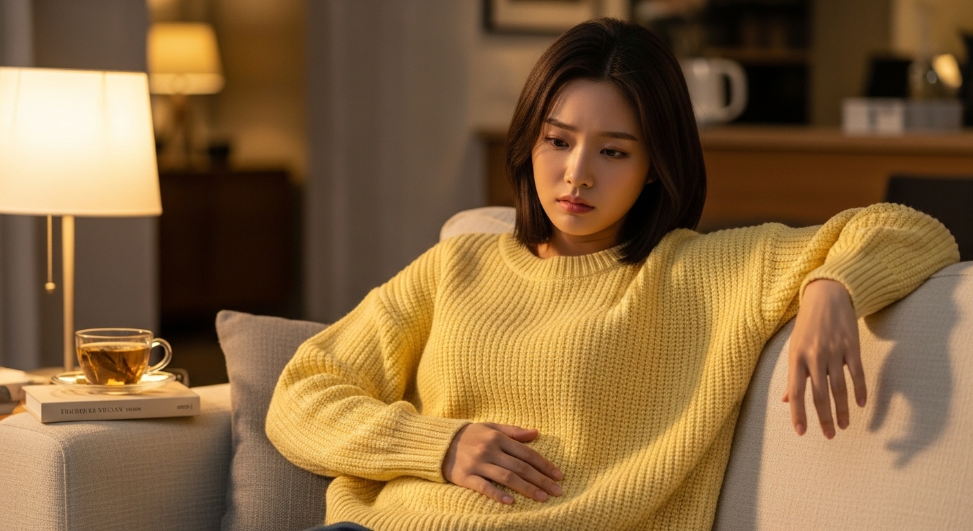 젊은 여성이 소파에 앉아 배를 만지며 생각에 잠긴 모습