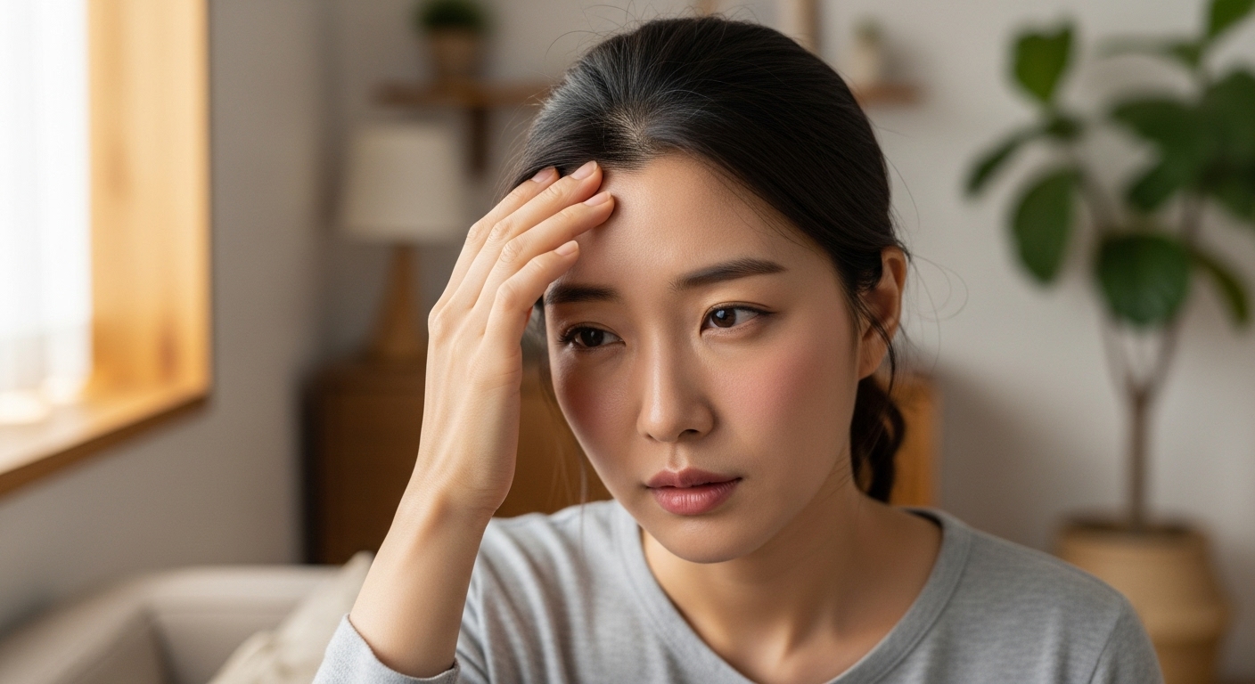 이마에 손을 대고 약간 열이 있는 표정을 짓는 여성의 클로즈업