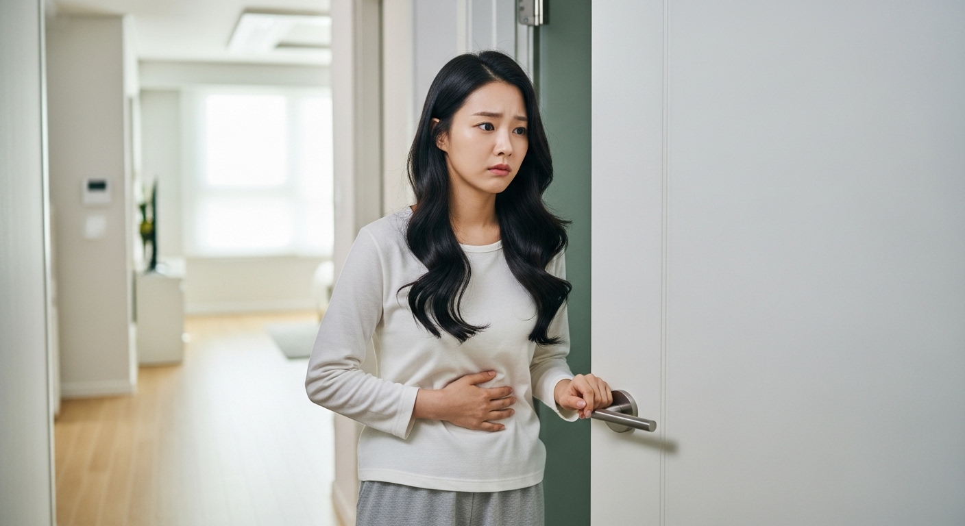 화장실 문 옆에서 불편한 표정으로 배를 잡고 있는 여성