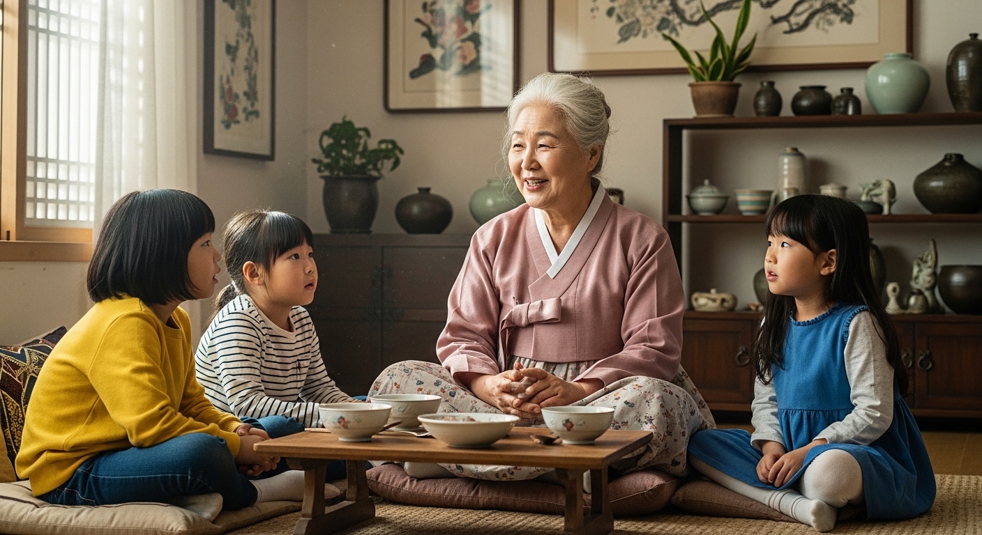 할머니가 아이들에게 팥죽 금기에 대해 설명하는 장면