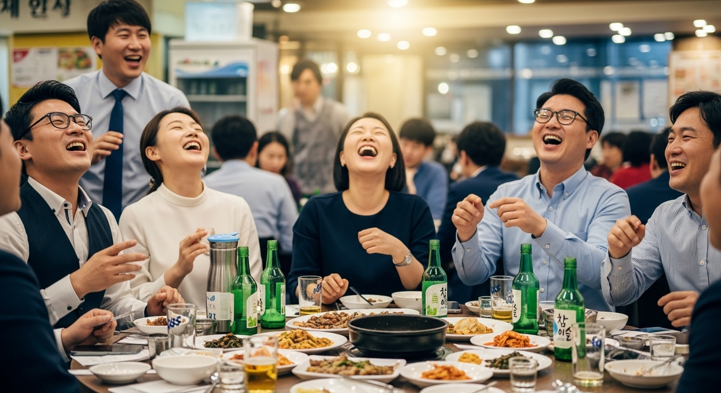 회사 회식 자리에서 동료들이 웃으며 대화를 나누는 모습