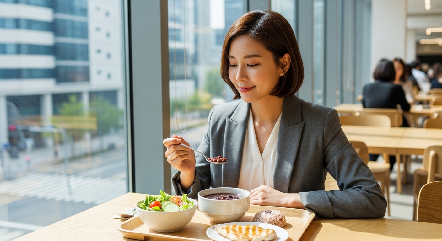 도시에서 점심시간에 팥죽을 먹으며 건강을 챙기는 직장인의 모습