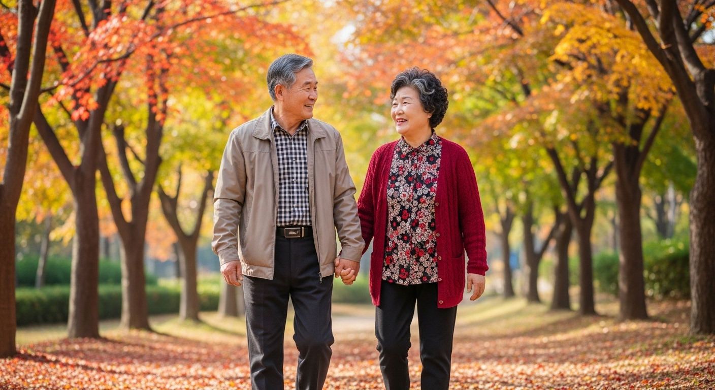 가을 공원에서 손을 잡고 걷는 한국 노부부의 행복한 모습
