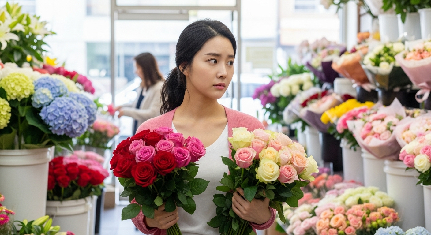 꽃집에서 다양한 색상의 장미를 고민하는 여성의 모습