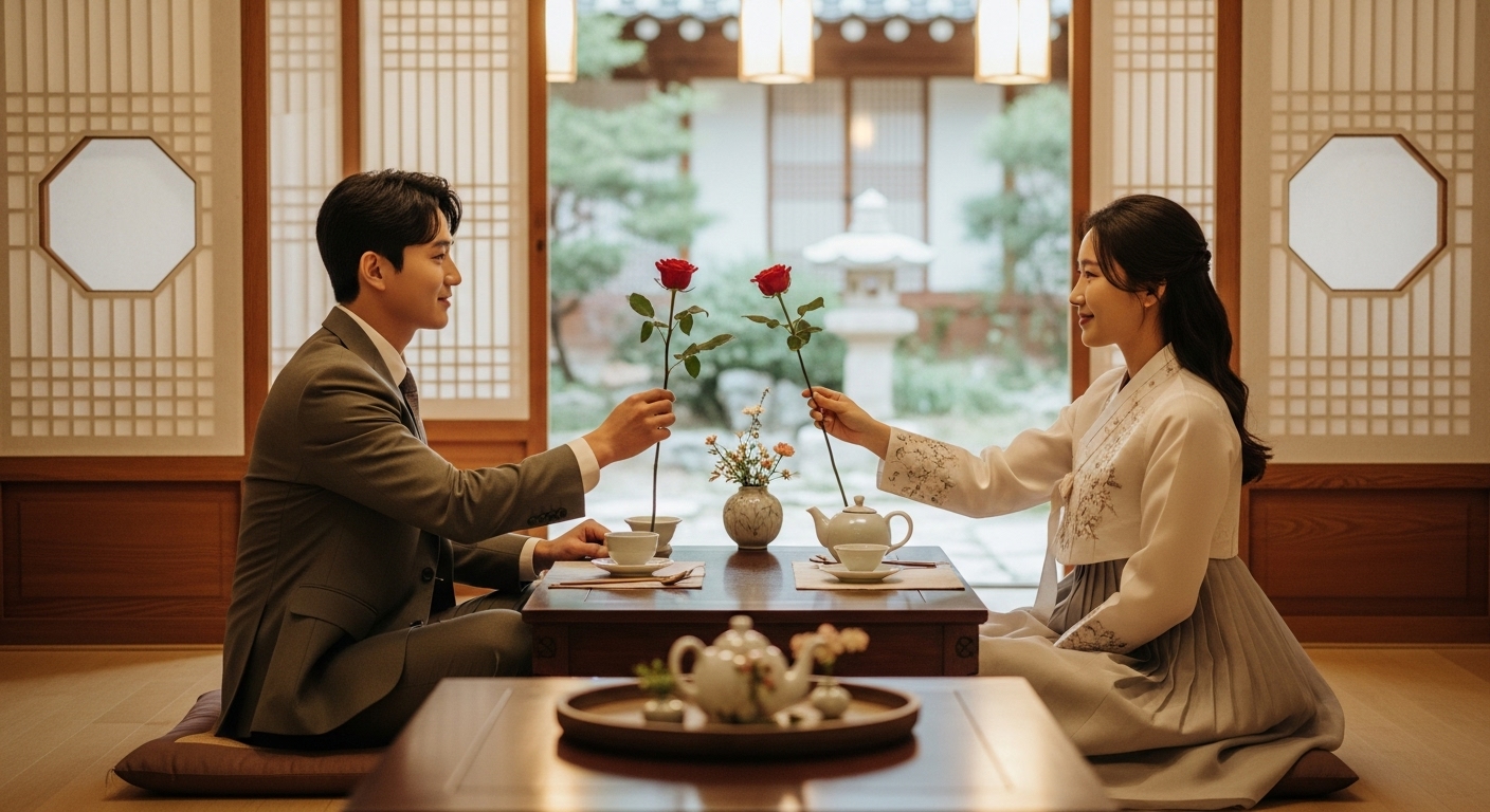 전통 찻집에서 서로 장미를 주고받는 현대적인 커플의 모습