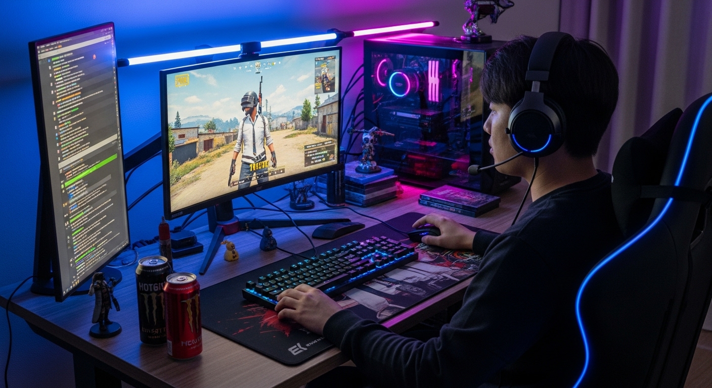 한국 게이머가 PUBG의 태이고 맵을 집중해서 보고 있는 모습