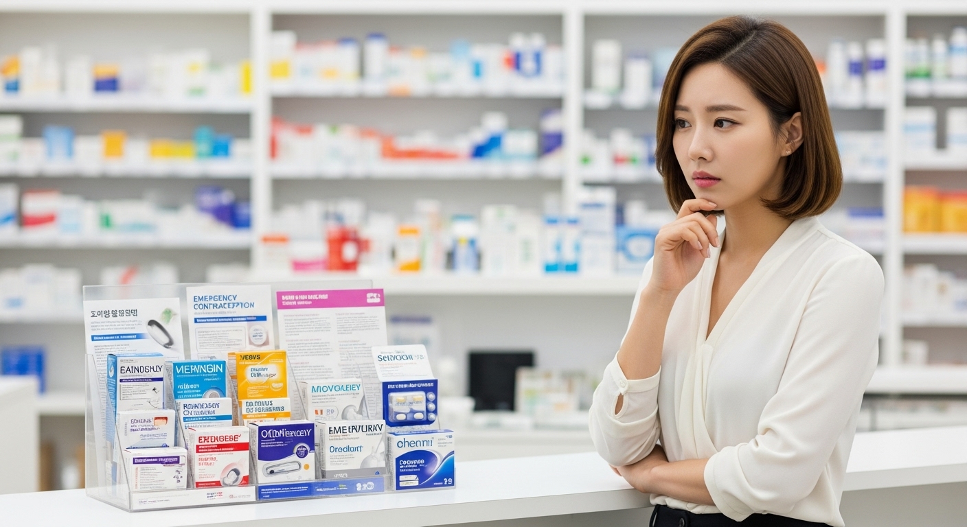 약국 카운터 앞에서 고민하는 여성, 다양한 피임약 포장들이 진열되어 있는 모습