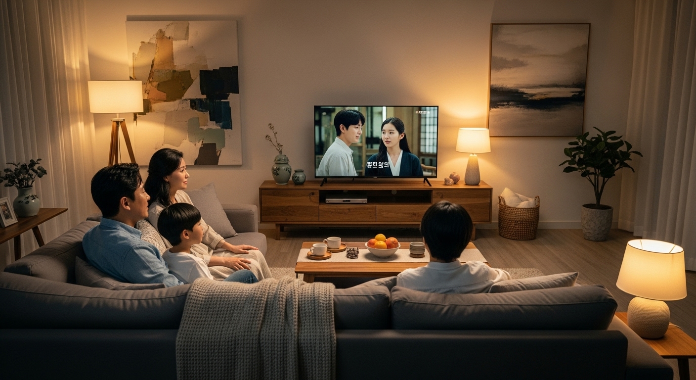 주말 저녁에 가족들이 거실에서 드라마를 시청하는 모습
