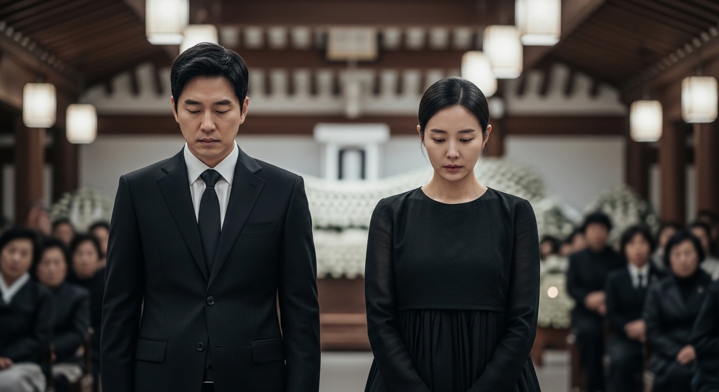 검정 정장을 입은 남성과 단정한 검정 원피스를 입은 여성이 있는 장면