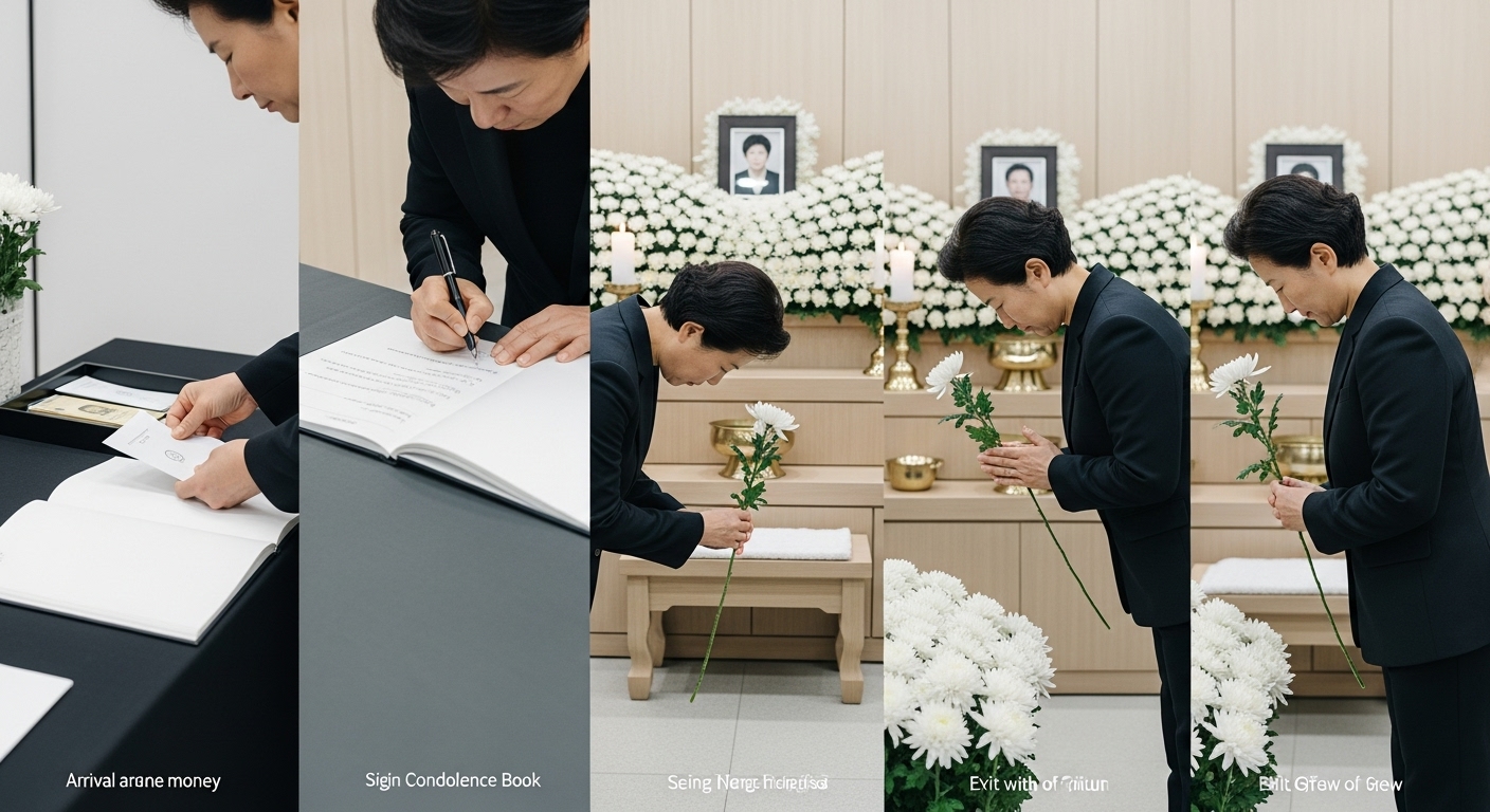 빈소에서 조객록을 작성하고 헌화를 하는 과정이 담긴 설명서 이미지