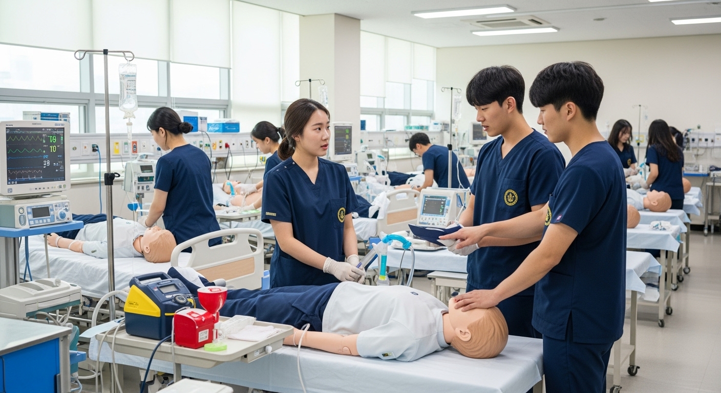 현대적인 시뮬레이션 실습실에서 연습 중인 의료 학생들