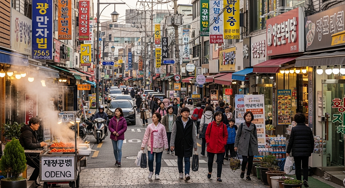한국의 작은 상점과 카페가 있는 바쁜 거리 풍경