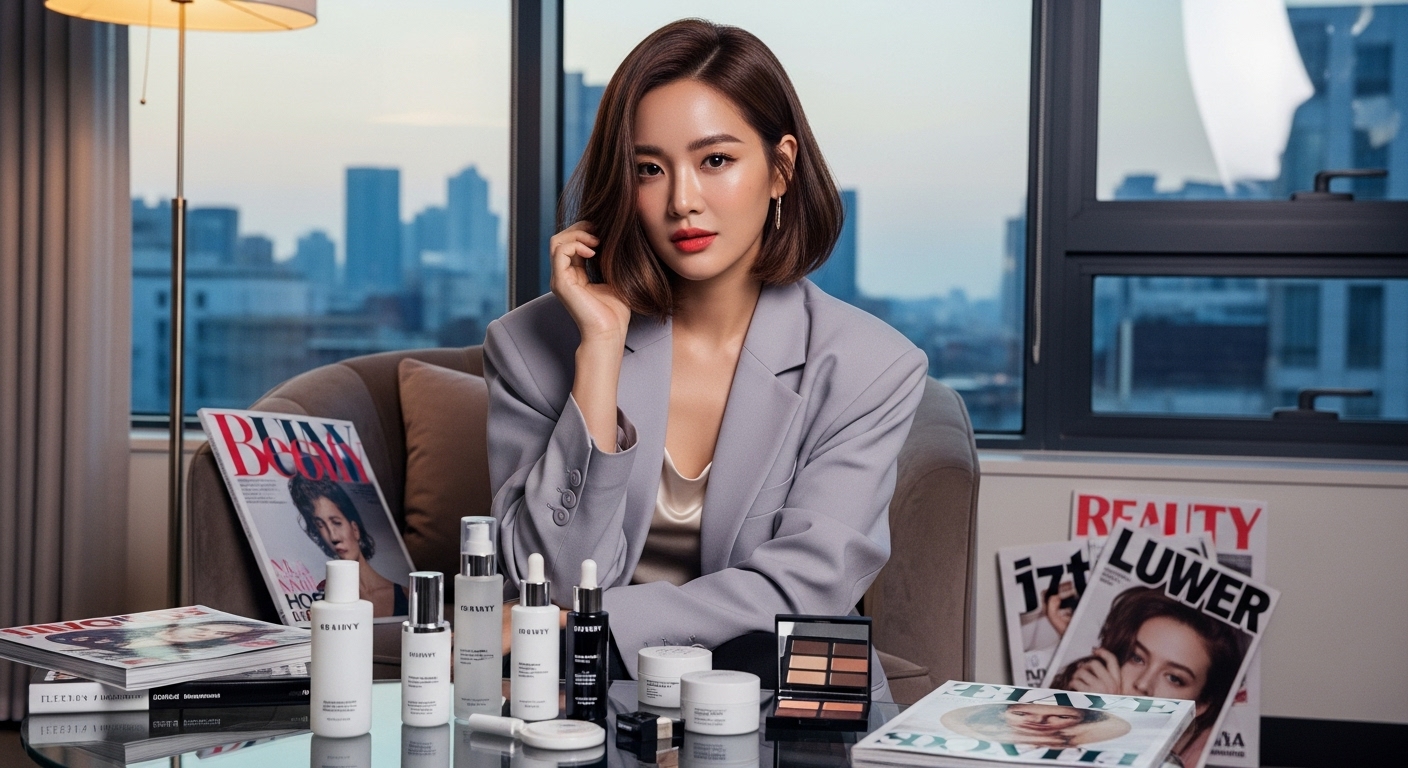 현대적인 공간에서 세련된 단발머리를 한 한국 여배우의 모습