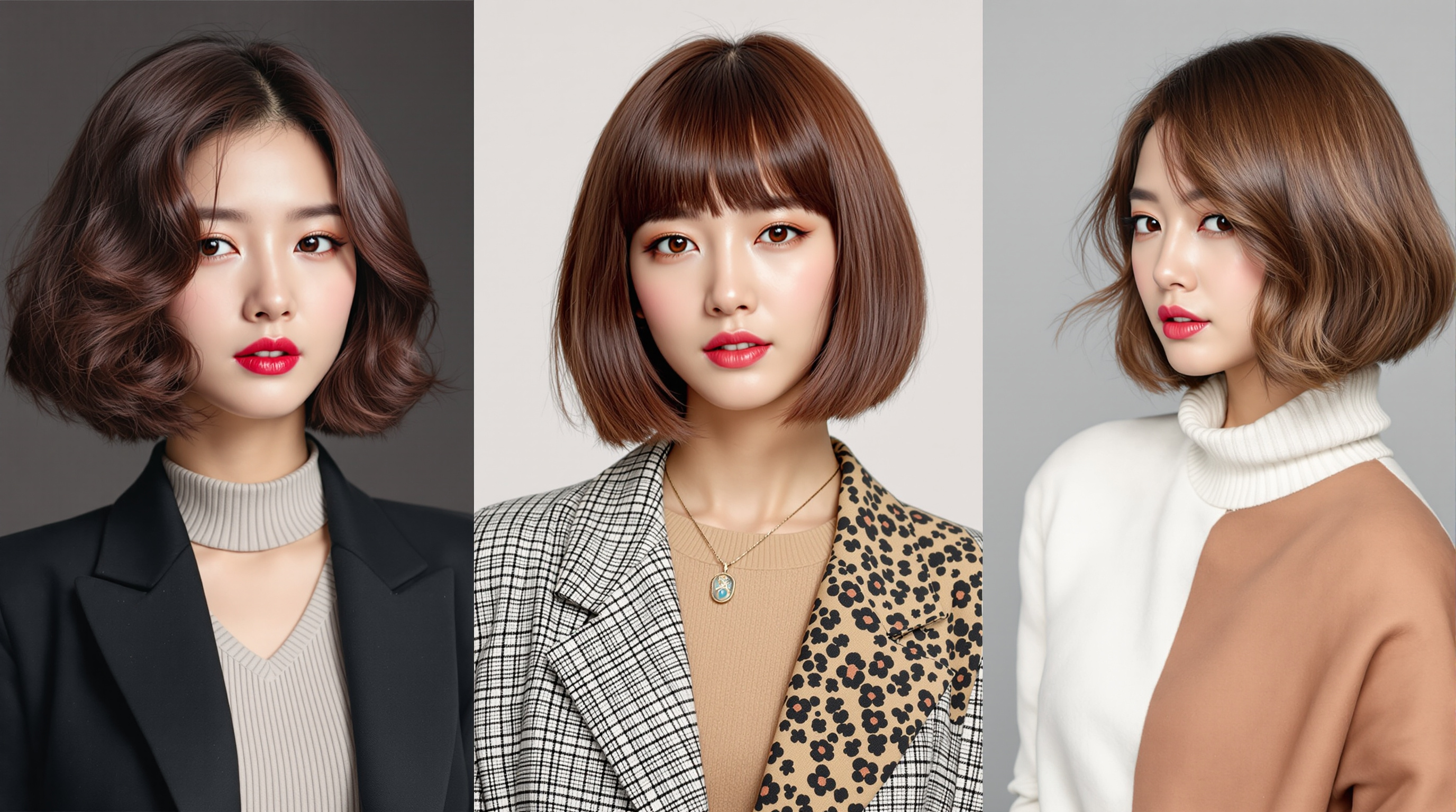 여러 한국 연예인이 각기 다른 개성을 살린 단발 스타일을 뽐내는 사진 촬영 장면