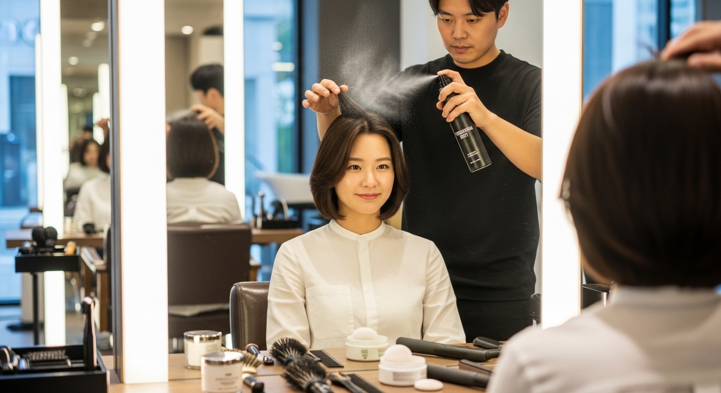 미용실에서 텍스처 스프레이와 볼륨 파우더로 관리 받는 젊은 여성의 모습