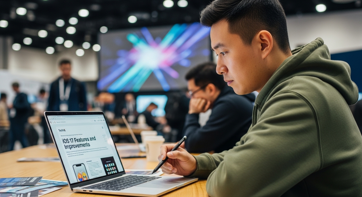 최신 기술 컨퍼런스에서 노트북으로 iOS 업데이트를 확인하는 모습