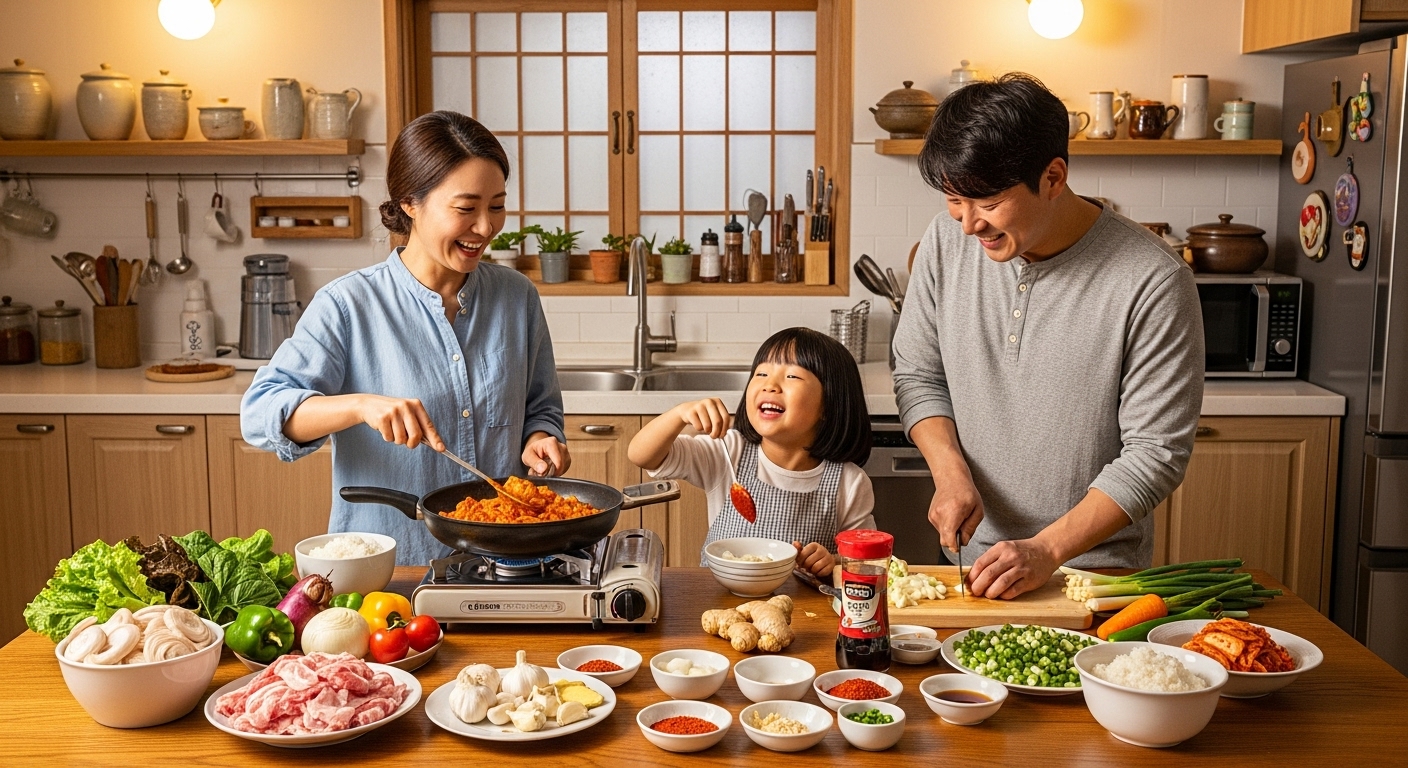 가족이 함께 주방에서 제육볶음을 요리하는 모습