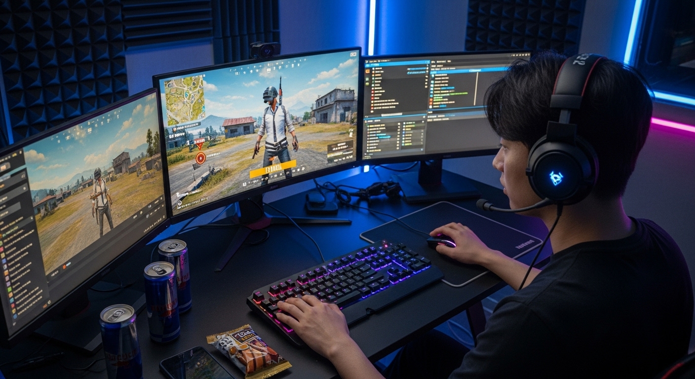 현대 한국 게이머가 고사양 게임 장비로 PUBG를 즐기는 모습