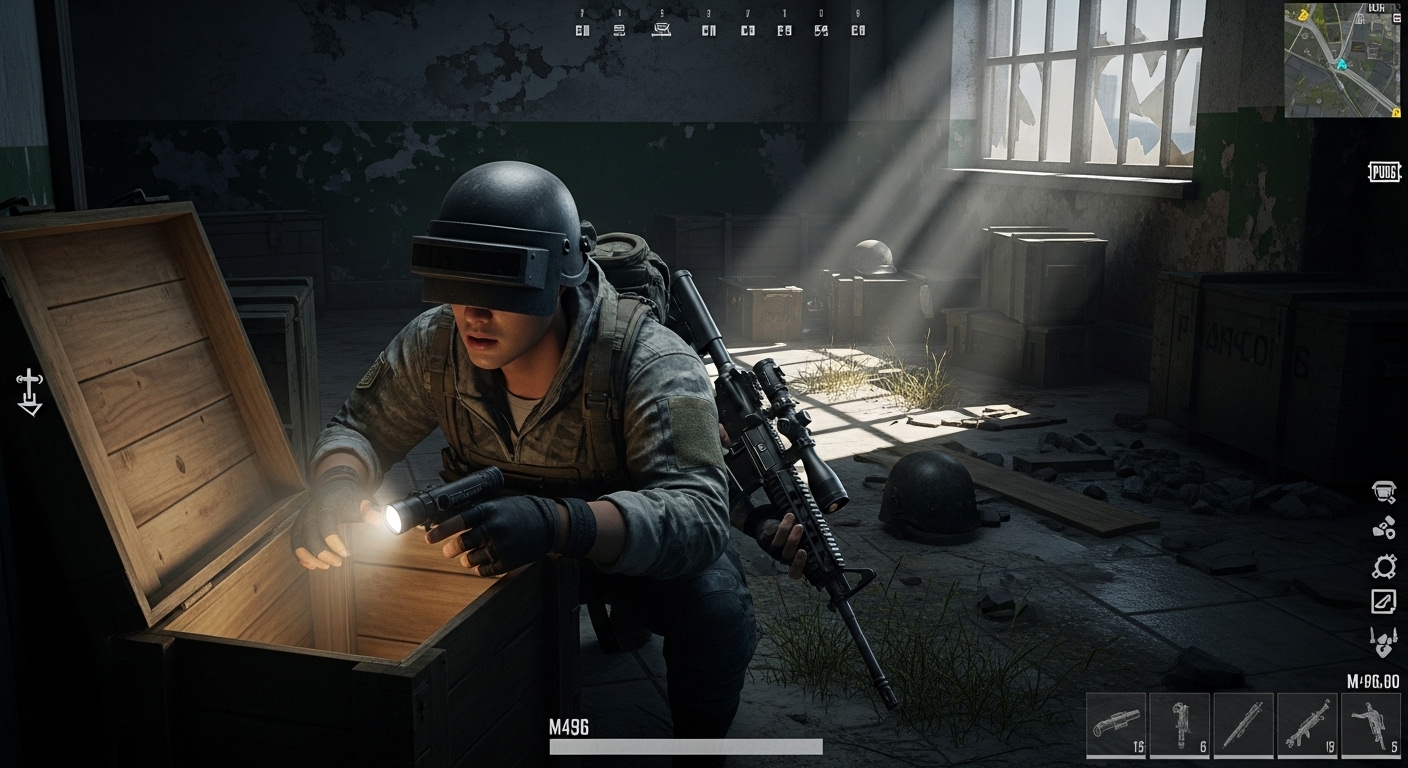 PUBG 에란겔 맵 군사 기지에서 열쇠 아이템을 찾는 한국 플레이어