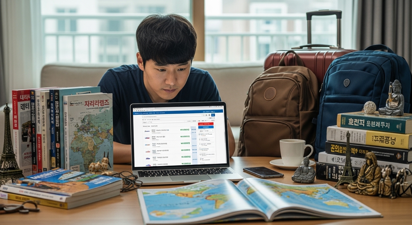 저가 항공권을 찾고 있는 한국 여행자의 모습