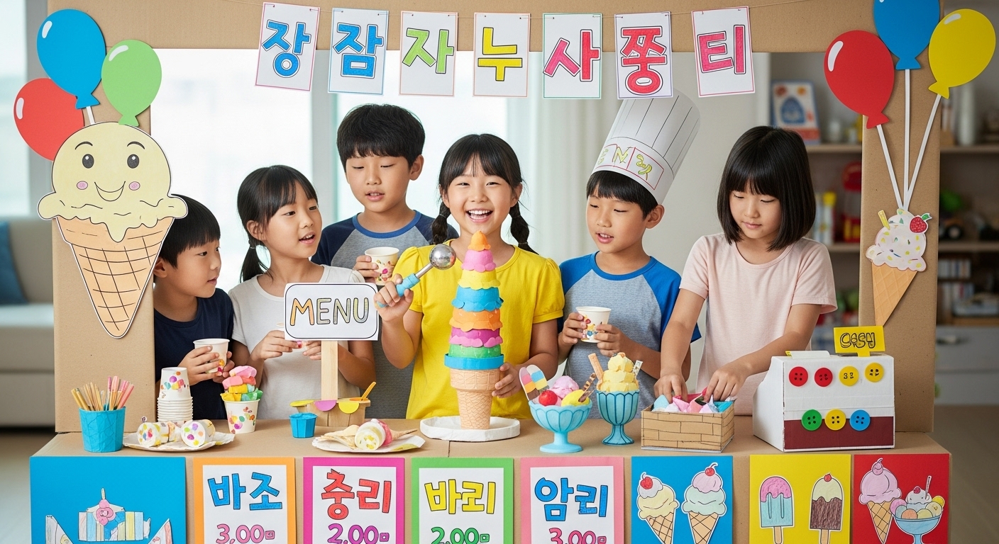 아이스크림 가게 주인 역할극을 하는 한국 어린이들의 생생한 장면