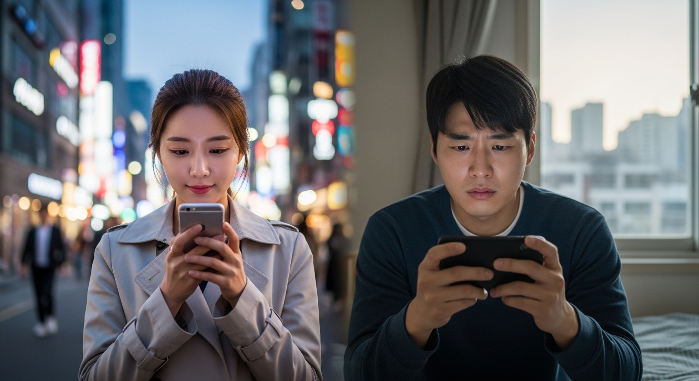 스마트폰 화면을 보며 서로를 그리워하는 멀리 떨어진 커플
