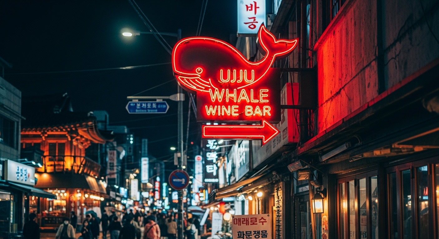 서울 종로의 거리와 우즈웨일 와인바 방향 안내 표지판