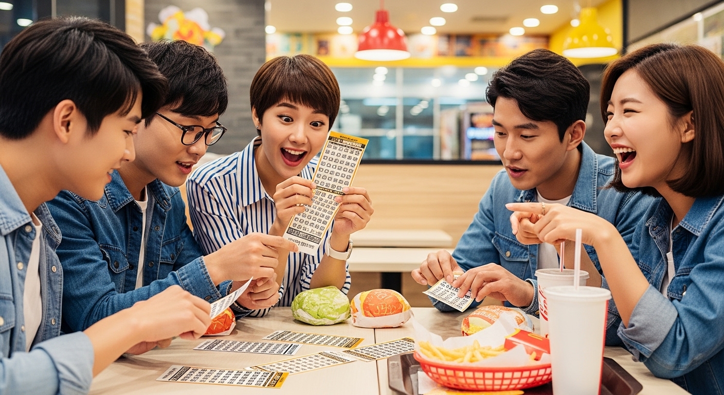 스크래치 경품을 긁으며 기대에 찬 표정의 친구들