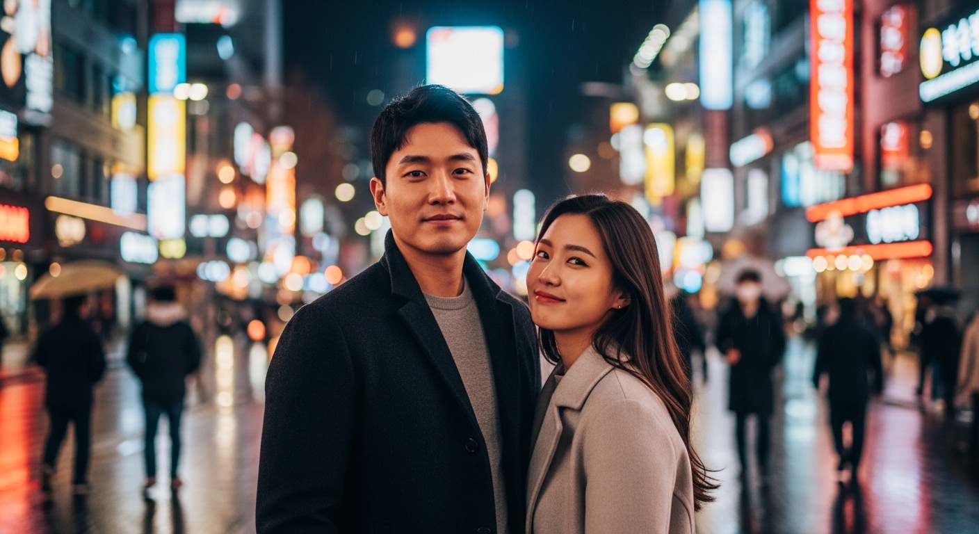 번화한 거리에서 한 쌍의 현대적인 커플이 솔직하고 장난스러운 표정으로 서 있는 모습