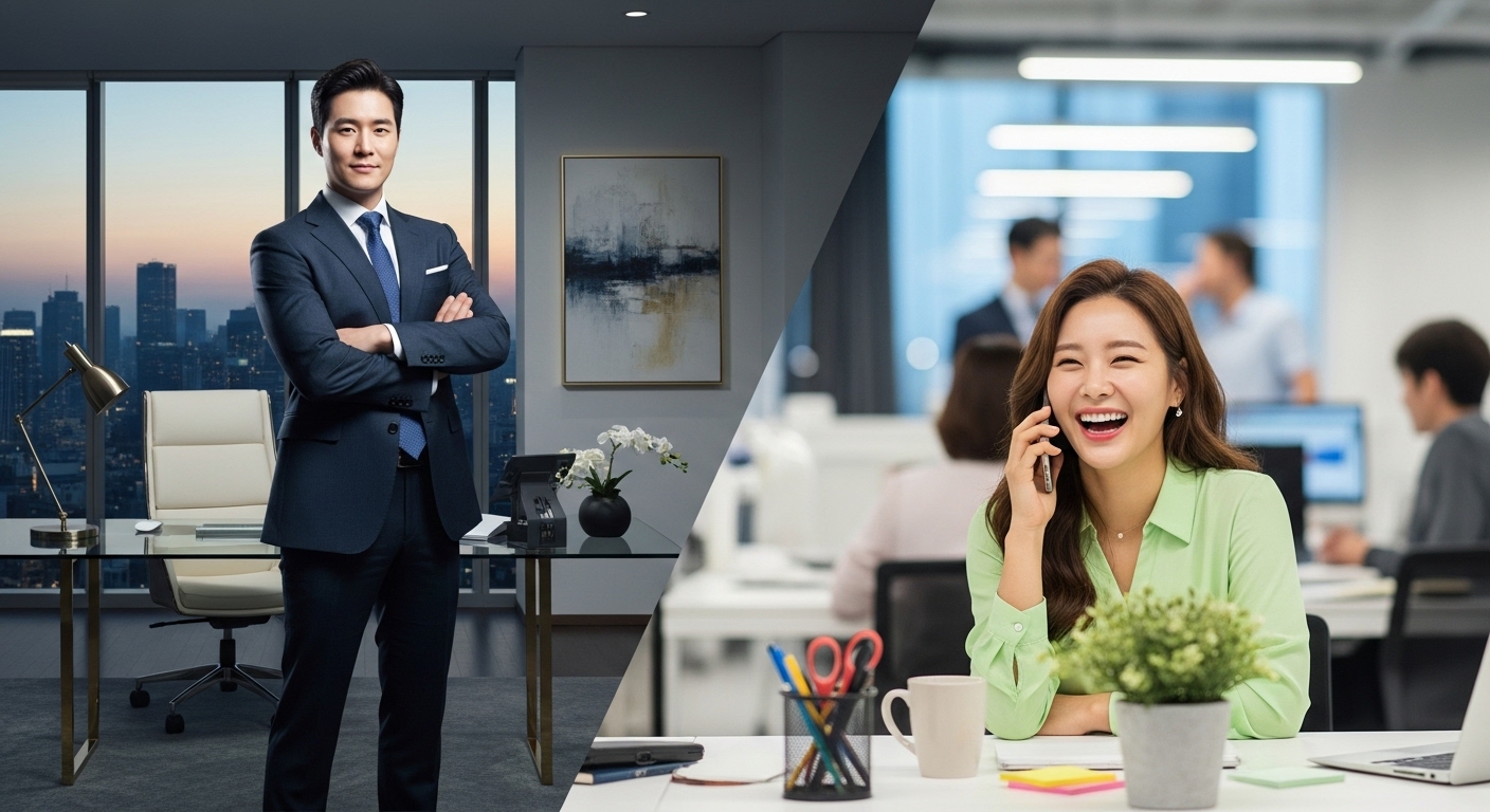 세련된 오피스에서 자신감 넘치는 사업가와 전화 통화를 하며 밝게 웃고 있는 여성